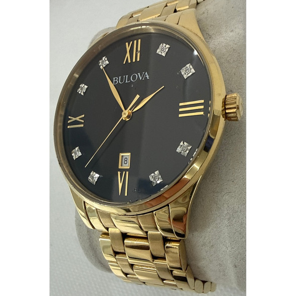 Bulova Diamond Men's Black Dial Gold Tone Quartz Watch 97D108