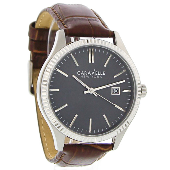 Caravelle By Bulova Men's Gray Dial Brown Leather Quartz Watch 43B132