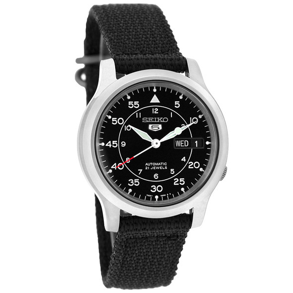 Seiko 5 Automatic Men's Black Day/Date Dial Fabric Strap Watch SNK809