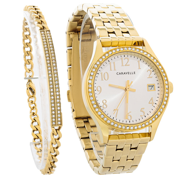 Caravelle By Bulova Women's Bracelet Set Crystal Gold-Tone Quartz Watch 44X101