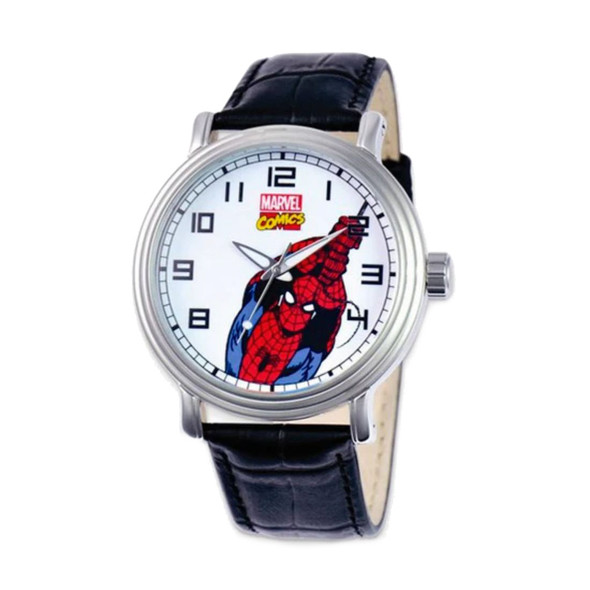 Marvel Adult Size Black Leather Strap Spiderman Quartz Watch XWA4438