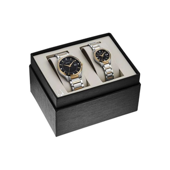 Bulova Watch Set His and Hers Black Dial Quartz Watches 98X123