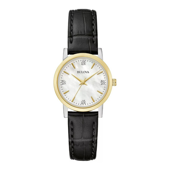 Bulova Sutton Women's Diamond Accent Black Leather Strap Watch - 98P225