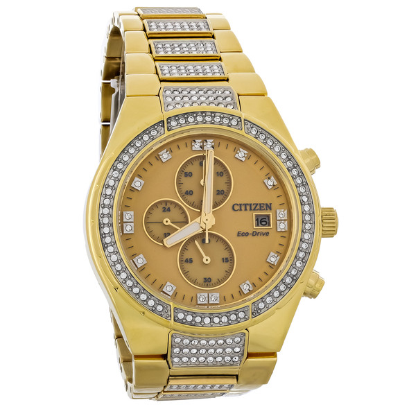 Citizen Eco Drive Crystal Men's Gold Tone Stainless Chronograph Watch CA0752-66P