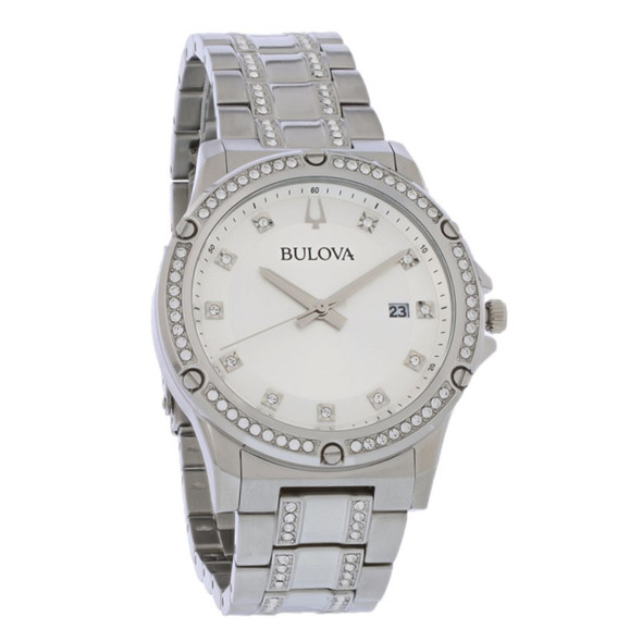 Bulova Men's Crystal Silver Dial Stainless Steel Quartz Watch 96K114