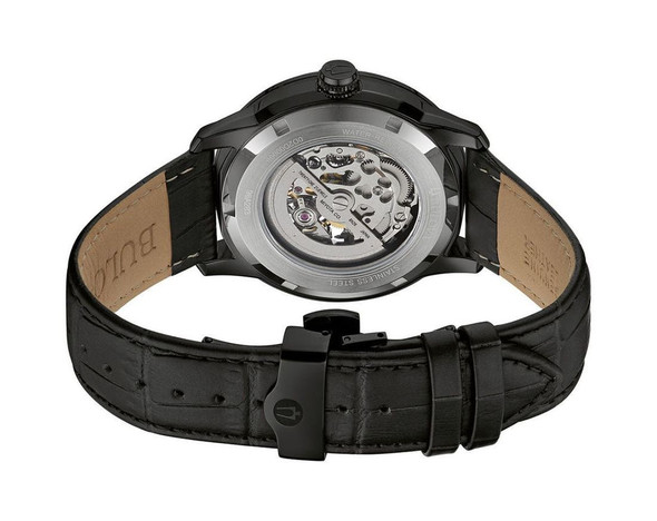 Bulova Sutton Skeleton Black Leather Band Men's Automatic Watch 98A283