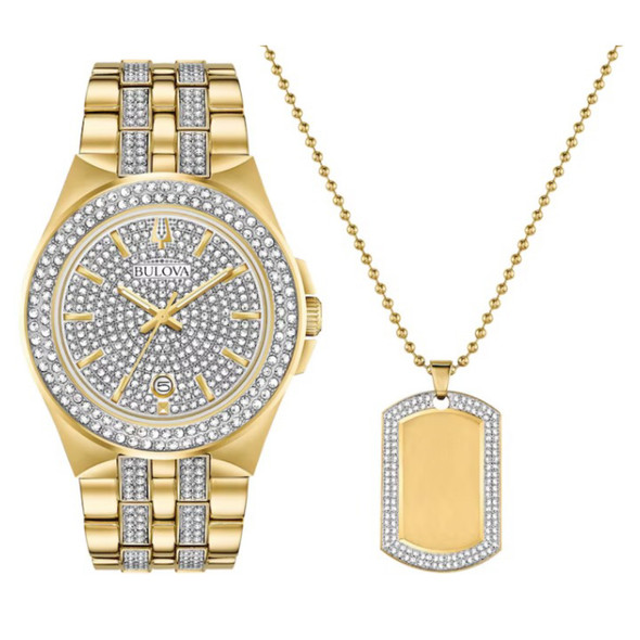 Bulova Men's Gold-Tone Crystal Quartz Watch and Necklace Set 98K102