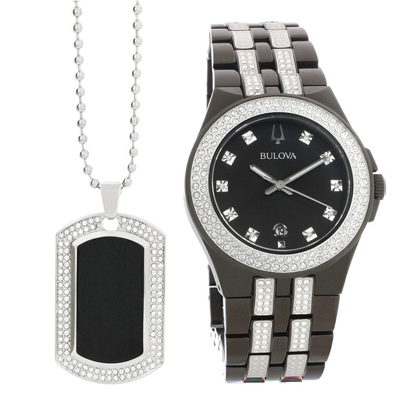 Bulova Mens Black ION Stainless Steel Crystal Quartz Watch and Necklace 98K101