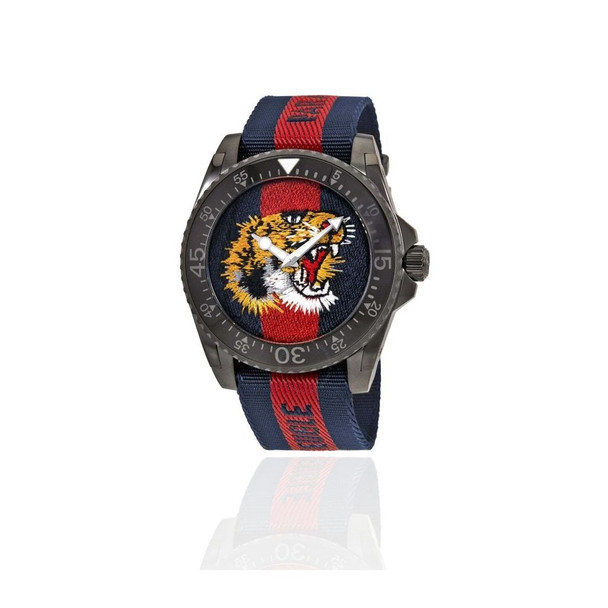 Gucci Dive Tiger Embroidered Men's Red and Blue Fabric Strap Watch YA136215