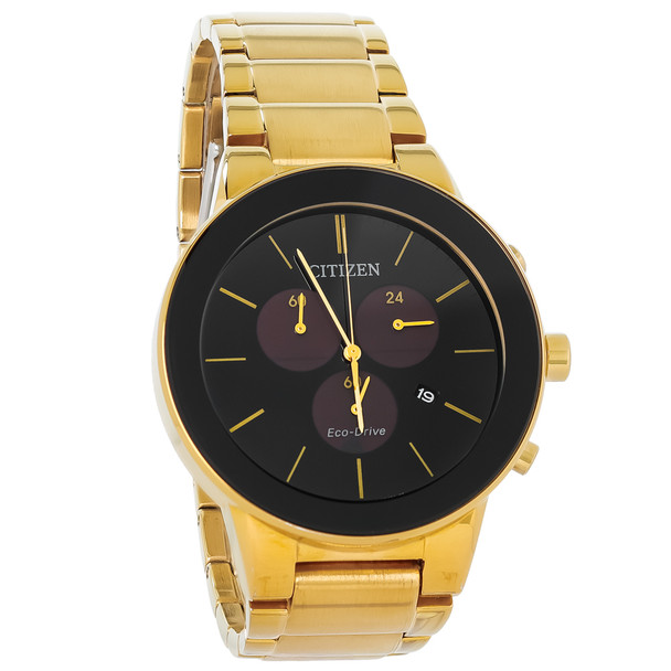 Citizen Eco-Drive Men's Axiom Gold Tone Black Dial Chronograph Watch AT2242-55F