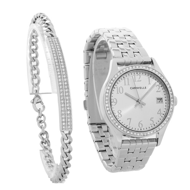 Caravelle Women's Bracelet Set Crystal Stainless Silver Dial Quartz Watch 43X104