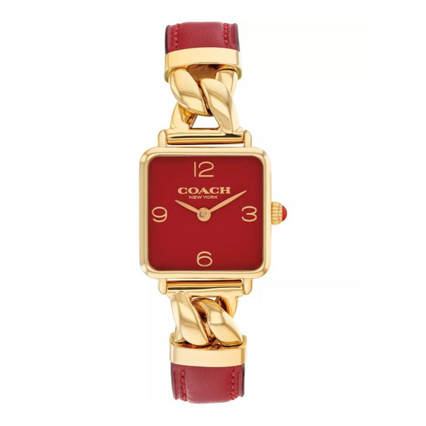 Coach Women's Cass Red Leather Strap Gold-Tone Square Analog Watch 14504358