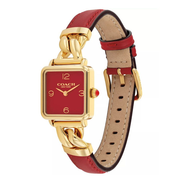 Coach Women's Cass Red Leather Strap Gold-Tone Square Analog Watch 14504358