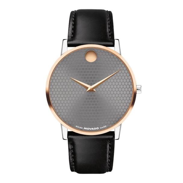 Movado Museum Classic Unisex Gray Dial Black Leather Strap Quartz Watch 0607999