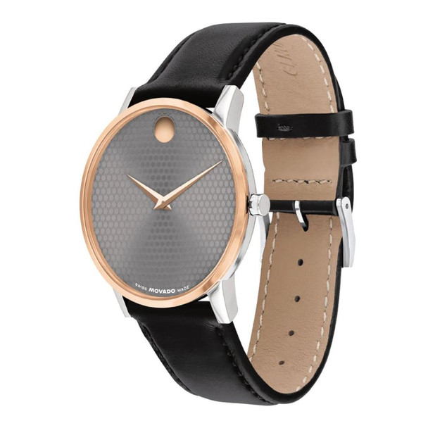 Movado Museum Classic Unisex Gray Dial Black Leather Strap Quartz Watch 0607999