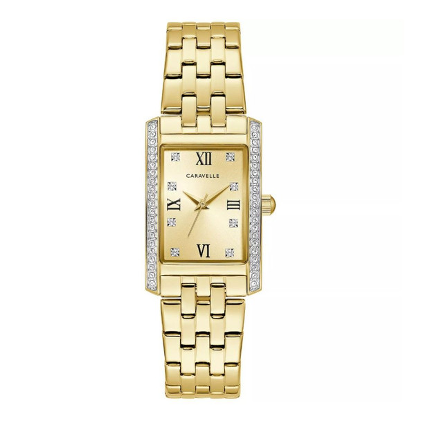 Carvelle by Bulova Women's Gold-Tone Crystal Accent Rectangular Watch - 45L192