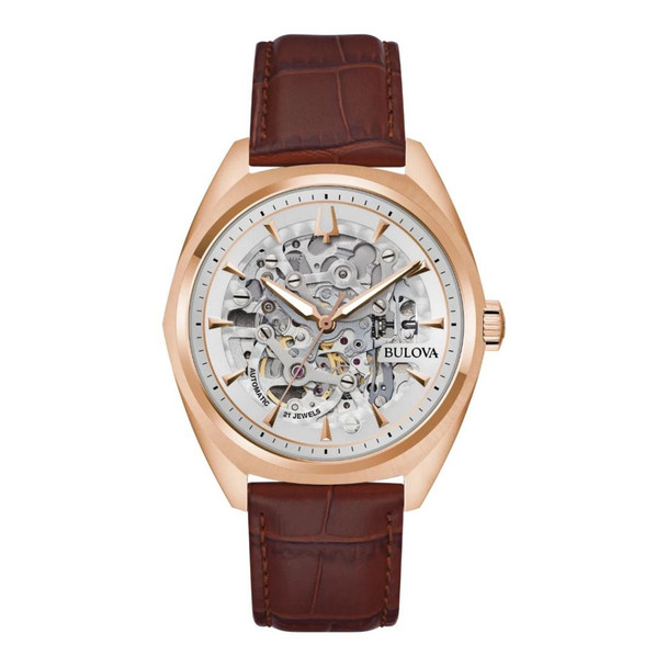 Bulova Surveyor Men's Full Skeleton Dial Brown Leather Automatic Watch 97A175