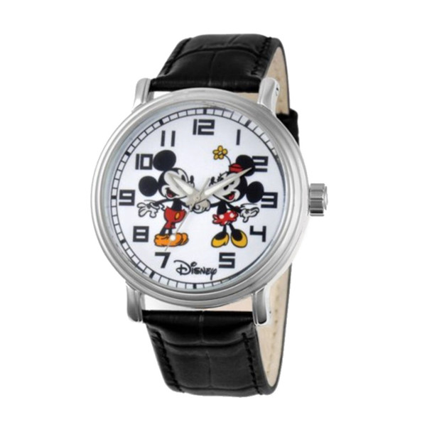 Disney Mickey & Minnie Mouse Men's Black Leather Strap Quartz Watch XWA4510