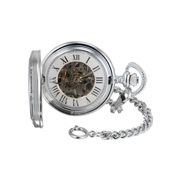 James Michael Men's White Skeleton Dial Mechanical Pocket Watch PMA011011W
