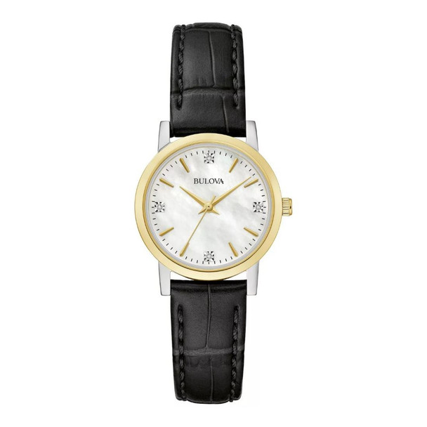 Bulova Sutton Women's Diamond Accent Black Leather Strap Watch - 98P225