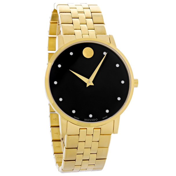 Movado Museum Series Men's Gold Tone Black Dial Diamond Quartz Watch 0607625