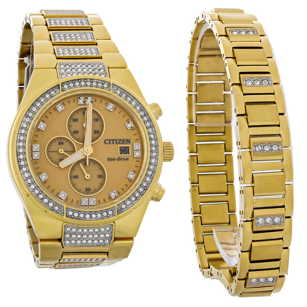 Citizen Eco Drive Men's Crystal Gold Tone Stainless Chronograph Watch CA0752-66P