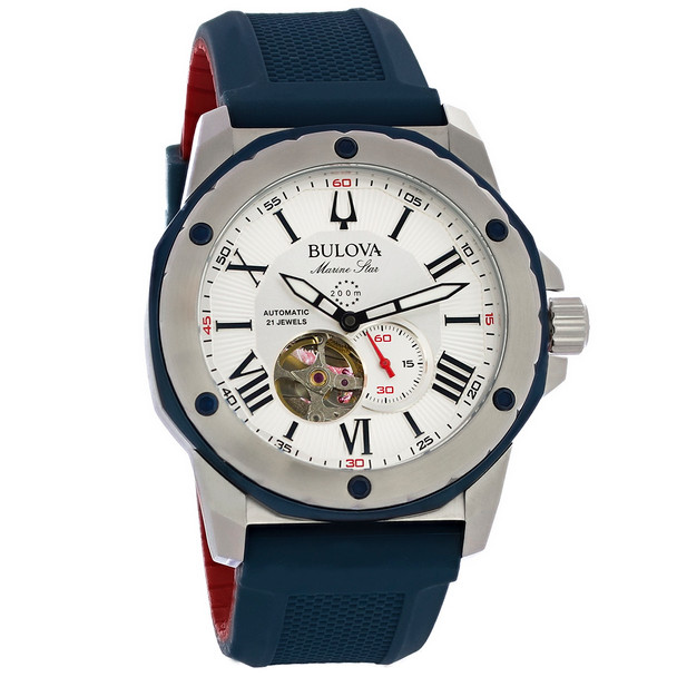 Bulova Marine Star Men's Silver Dial Blue Silicone Automatic Watch 98A225