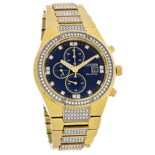 Citizen Eco Drive Mens Crystal Gold Tone Stainless Chronograph Watch CA0752-58L