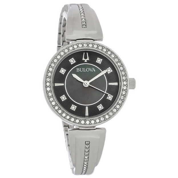 Bulova Ladies Crystal Stainless Steel Black MOP Dial Quartz Watch 96X152