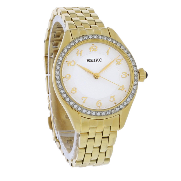 Dámske hodinky Seiko essentials v zlatej farbe pvd z kremenného kryštálu sur394