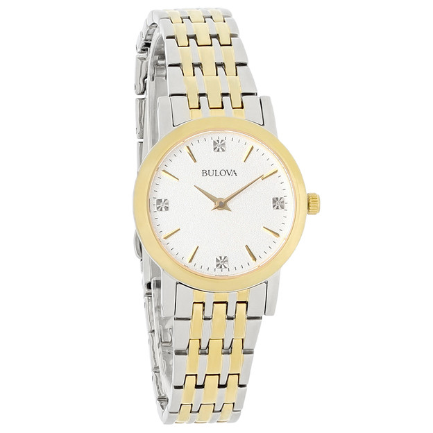 Bulova Quartz Ladies Diamond Two Tone Bracelet Dress Watch 98P115