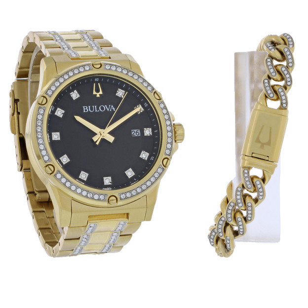 Bulova Men's Gold PVD Stainless Steel Black Dial Crystal