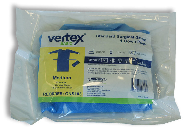 VERTEX BASIC STANDARD STERILE SURGICAL GOWN - MEDIUM - 20 PER PACK