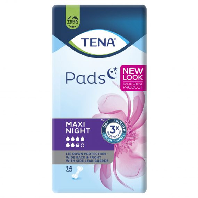 TENA Pads Maxi Night Extra Long Length is our most absorbent pad. Featuring Lie Down Protection, this pad is extra long as well as wider at the front and at the back for extra security, absorbency and coverage to manage leaking urine at night.

Designed with Quick Dry™ technology, fluid is rapidly drawn deep into the pad and locked away, ensuring it doesn't leak out when lying down.

Featuring BodyShape™ fit and soft side elastics that contour to the body for greater security and comfort. Fresh Odour Control prevents odours from developing as a result of incontinence at night and the breathable, dermatologically tested material is safe and kind to skin.