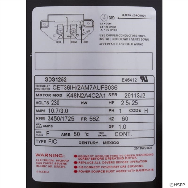 Century 2-Speed 2.5HP Threaded Shaft Pool Motor (SDS1252)