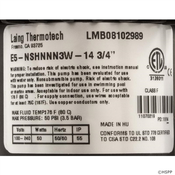 Laing Thermotech Series EF Pump w/ Cord (10-0102)