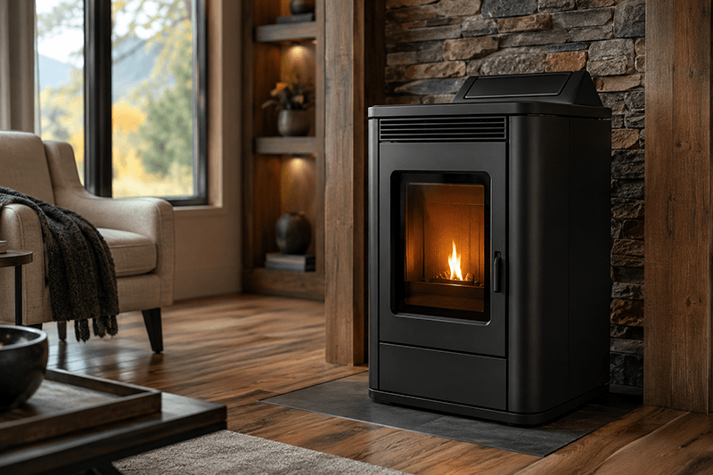 Modern pellet stove with glowing fire, pellet stove replacement parts