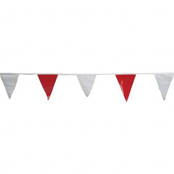 Pennants; Color: Red/White ; Overall Length (Feet): 100.00 ; Pennant Length (Inch): 18 ; Pennant Width (Inch): 12 ; Material: Vinyl ; Tensile Strength (Lb./Inch): 107 - 31549181