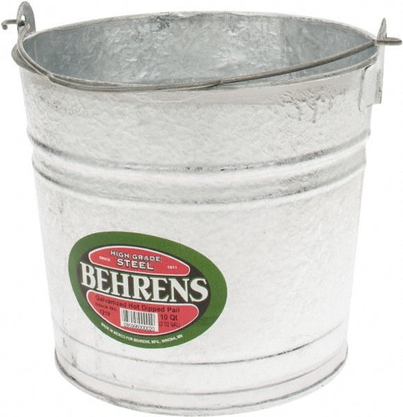 10 Qt, 10-1/4in High, Galvanized Steel Round Gray Single Pail - 9338278