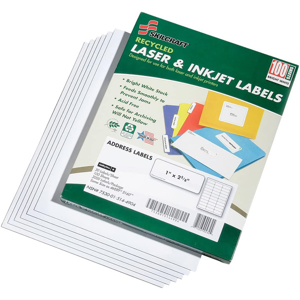 Labels, Ribbons & Tapes; Type: Address Labels ; Color: White ; For Use With: Laser & Inkjet Printers ; Width (Inch): 1 ; Length (Inch): 2-5/8 ; Number of Labels: 1000 - 15314875