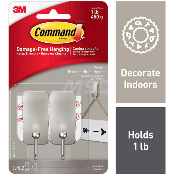 All-Purpose & Utility Hooks; Mount Type: Adhesive Back ; Overall Length (Inch): 2.60 ; Material: Metal ; Projection: 0.625 ; Finish/Coating: Brushed Nickel ; Maximum Load Capacity: 1.00 (Pounds) - 17731134