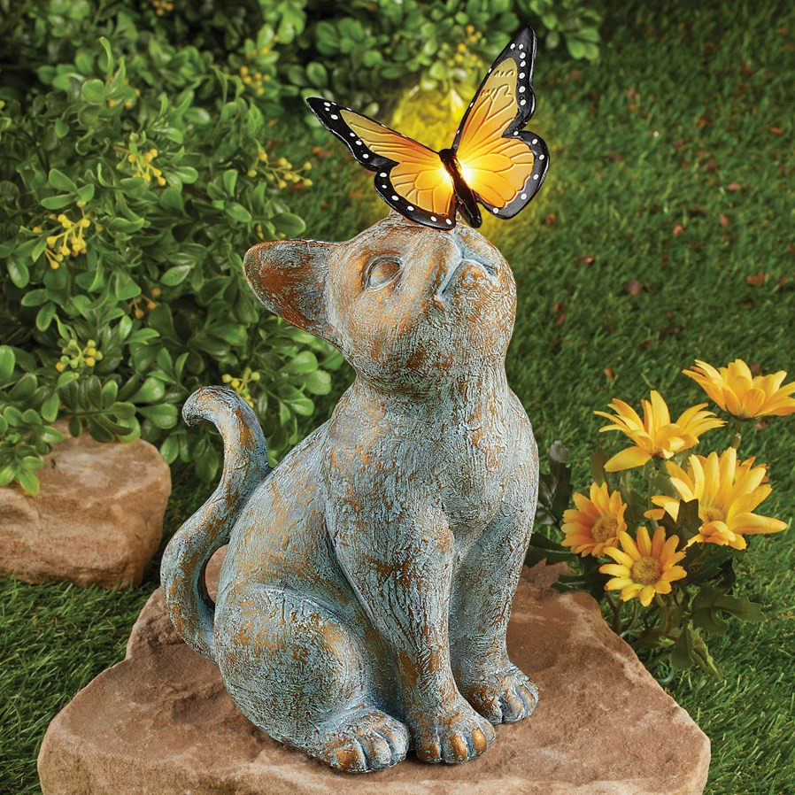 Cat Statue with Solar Butterfly Light Battery Upgrade Animal Lights