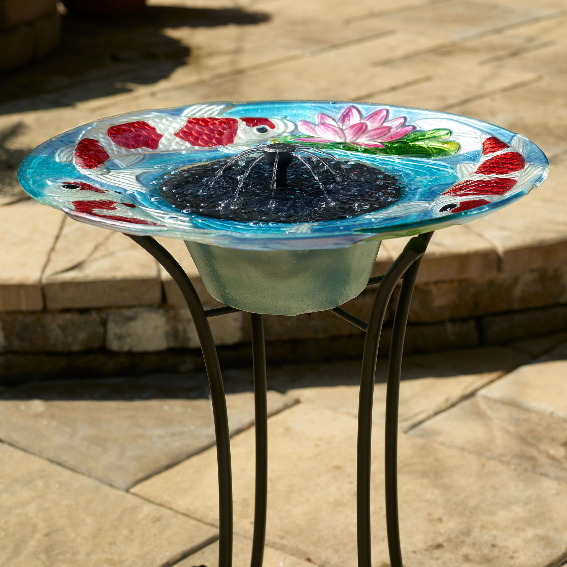 Birdbath Solar Day Fountain Colorful Japanese Koi Fish Glass Basin