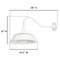 White solar gooseneck barn light is 28 inches deep by 14.5 inches wide by 15 inches high. White solar gooseneck barn light is 28 inches deep by 14.5 inches wide by 15 inches high.