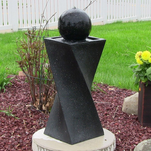 Solar Water Fountain Black Ball and Base with LED Lights and Battery, 29 inches high.