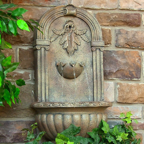 Solar Wall Mount Water Fountain in Florentine Stone Finish, Optional LED Light.