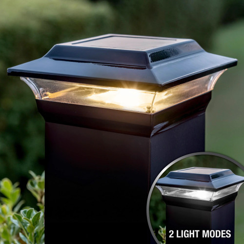 5x5 solar fence post lights are made from Black aluminum and include Dual Color LED.