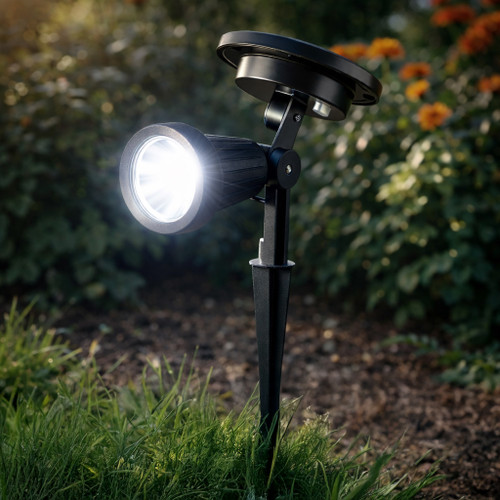 Solar powered spotlight is made from Black powder coated cast aluminum, with a glass lens, and is ideal for adding security lighting to your property..