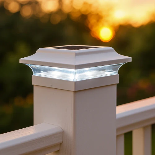 4.5 solar cap lights are manufactured by Classy Caps, and designed to fit over any 4.5 inch post, such as a Trex post.