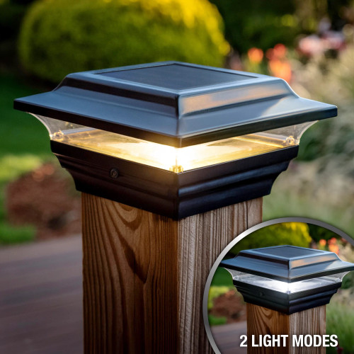 4.5 solar post cap lights have a separate mounting base that has been designed by Classy Caps to fit a 4.5 x 4.5 inch Trex deck post sleeve.